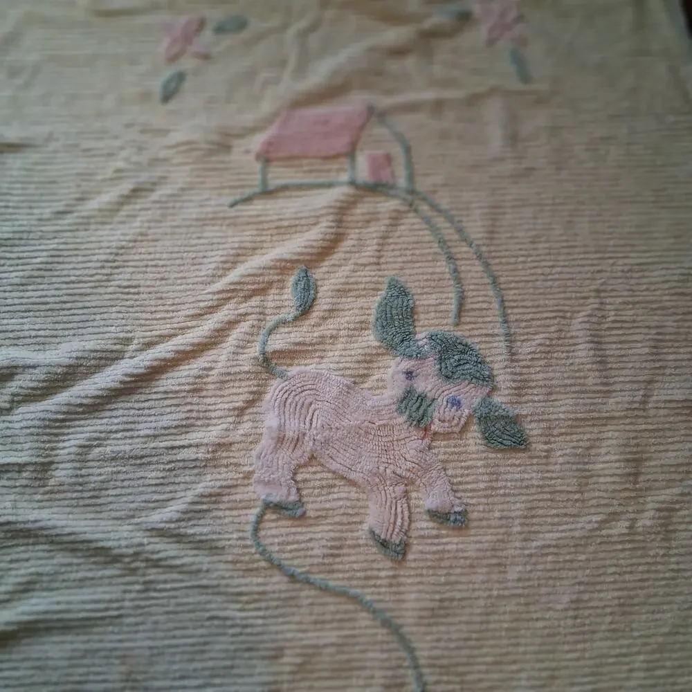 Vintage chenille baby blanket yellow lamb 39x64 pastel